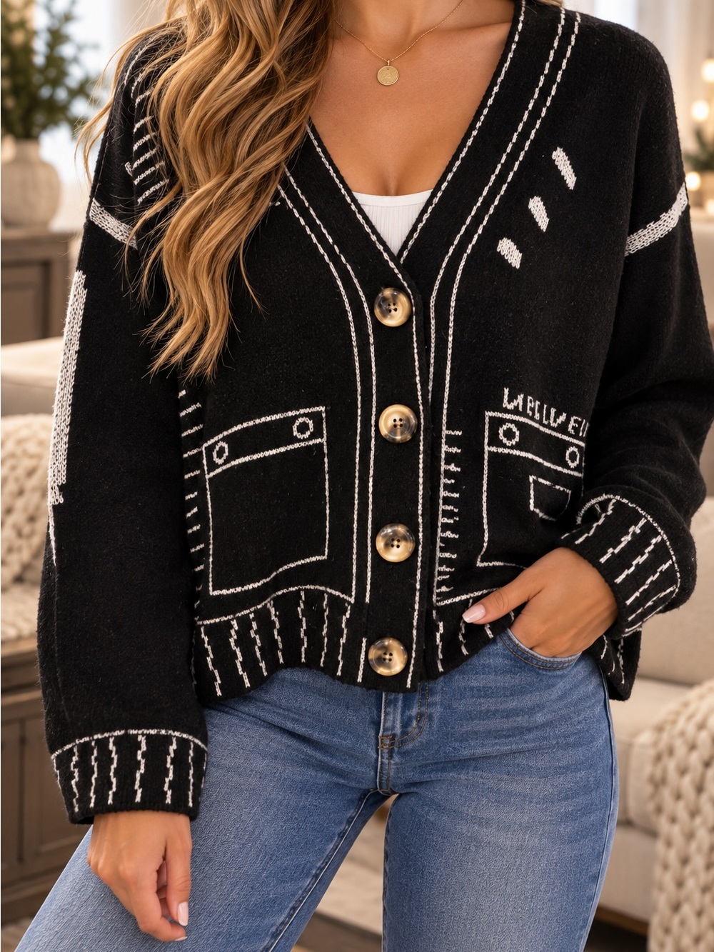 Black Contrast-Stitch Button Front Cardigan Sweater